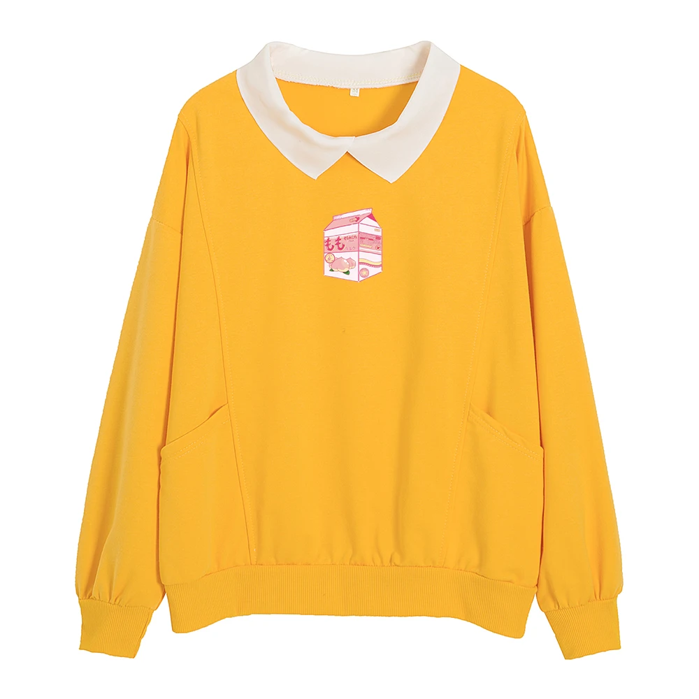 Womens Comfy Cute Sweatshirts Japanese Streetwear Clothes Woman Hoodies Kawaii Turn-down Collar Strawberry Printing Sweetshirts