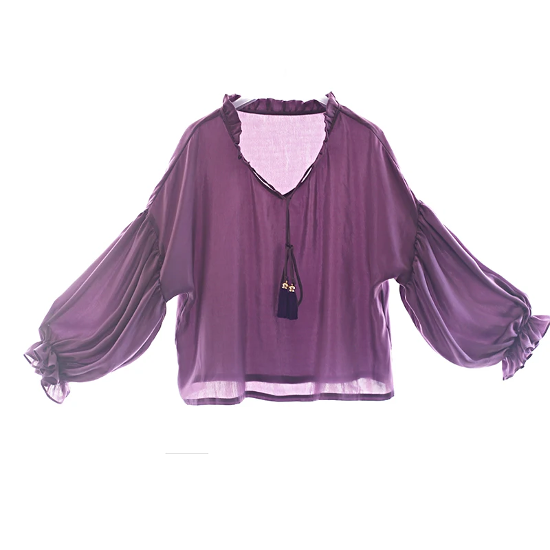 Autumn Women Spring Novelty Vintage Personality Lantern Sleeve Tassel Tie Collar Loose All-Match Basic Shirt Purple | Женская одежда