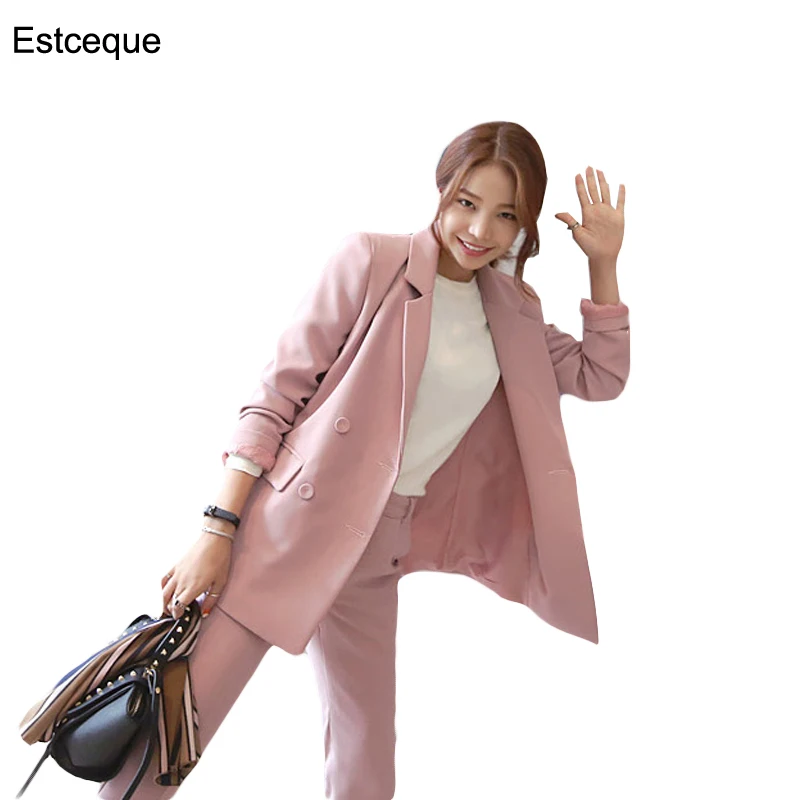 Осенний Новый корейский Тонкий костюм женский комплект из блейзера двубортный
