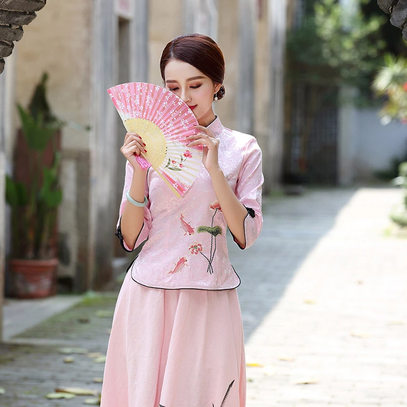 Женское платье-рубашка с коротким рукавом cheongsam hanfu китайский костюм из двух