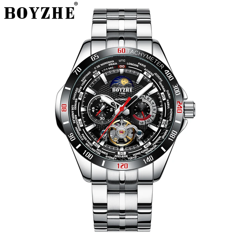 

BOYZHE Mechanical Watch Men Stainless steel Waterproof Complete Calendar Military Automatic Tourbillon Watches Montre Relogio