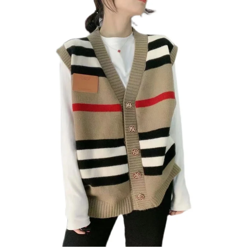 

Новинка, модные весенние женские свитера, повседневный жилет, теплый Длинный дизайнерский Женский вязаный свитер, жилет в полоску, кардиган...