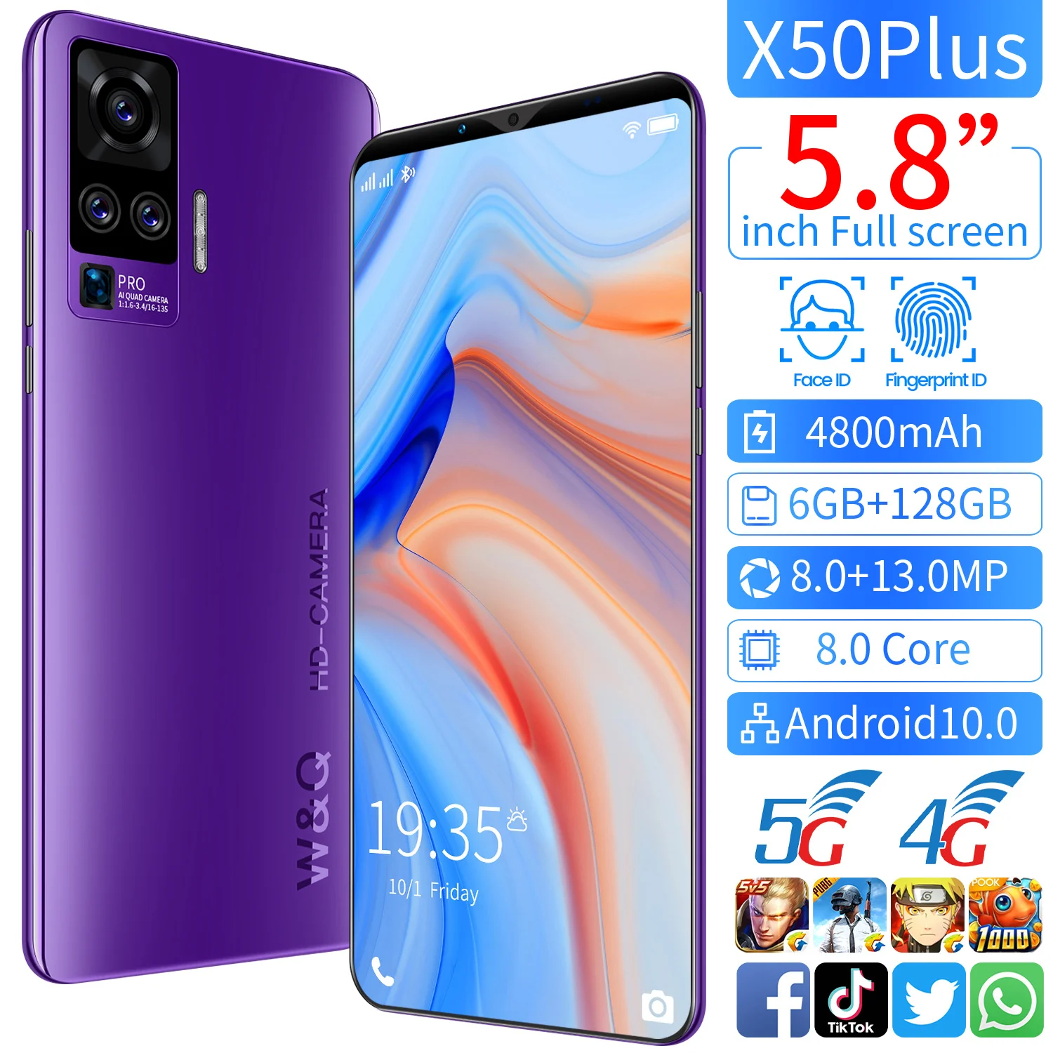 

Global Hot Sale X50 Plus 5.8inch Cellphone 8+256GB 8MP+13MP MTK6763 8-Core 4800mAh Android 10 Face ID 5G Network GPS Martphone