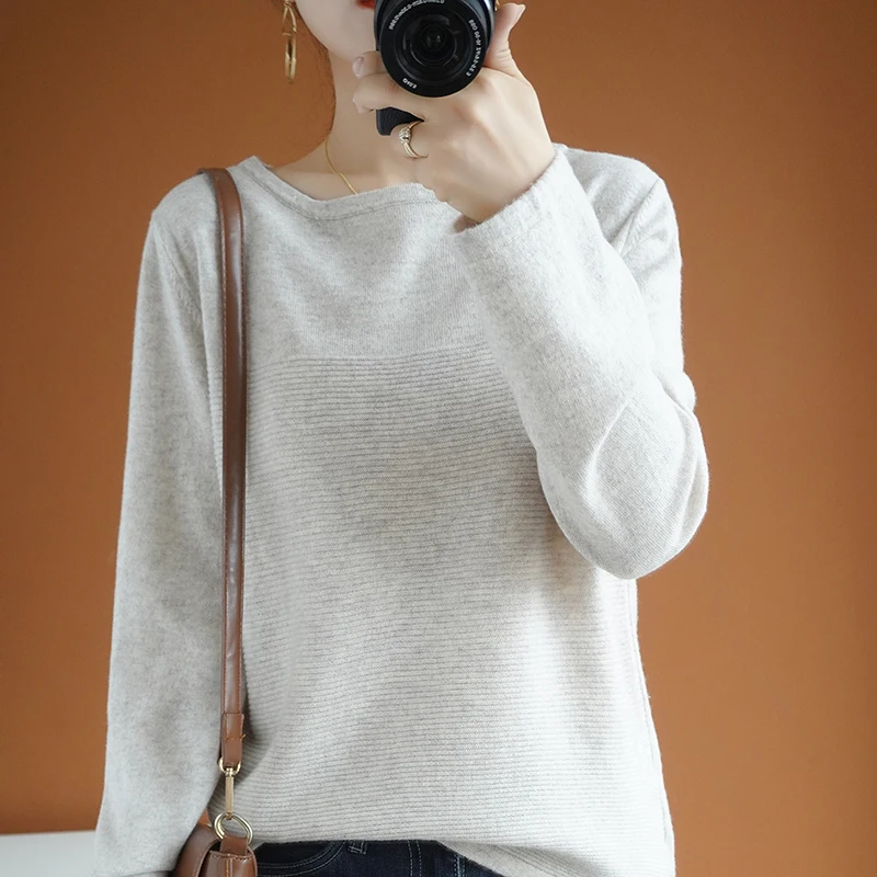 

spring pullover women thin wool sweater o-neck long sleeves horizontal stripes short causal loose top shirt