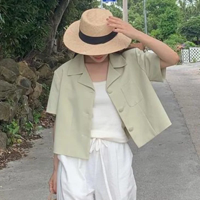 

SHENGPALAE Korean Chic Avocado Green Blazer Women's Autumn 2021 New Notched Three Button Loose Short Sleeve Suit Coat 5E1637