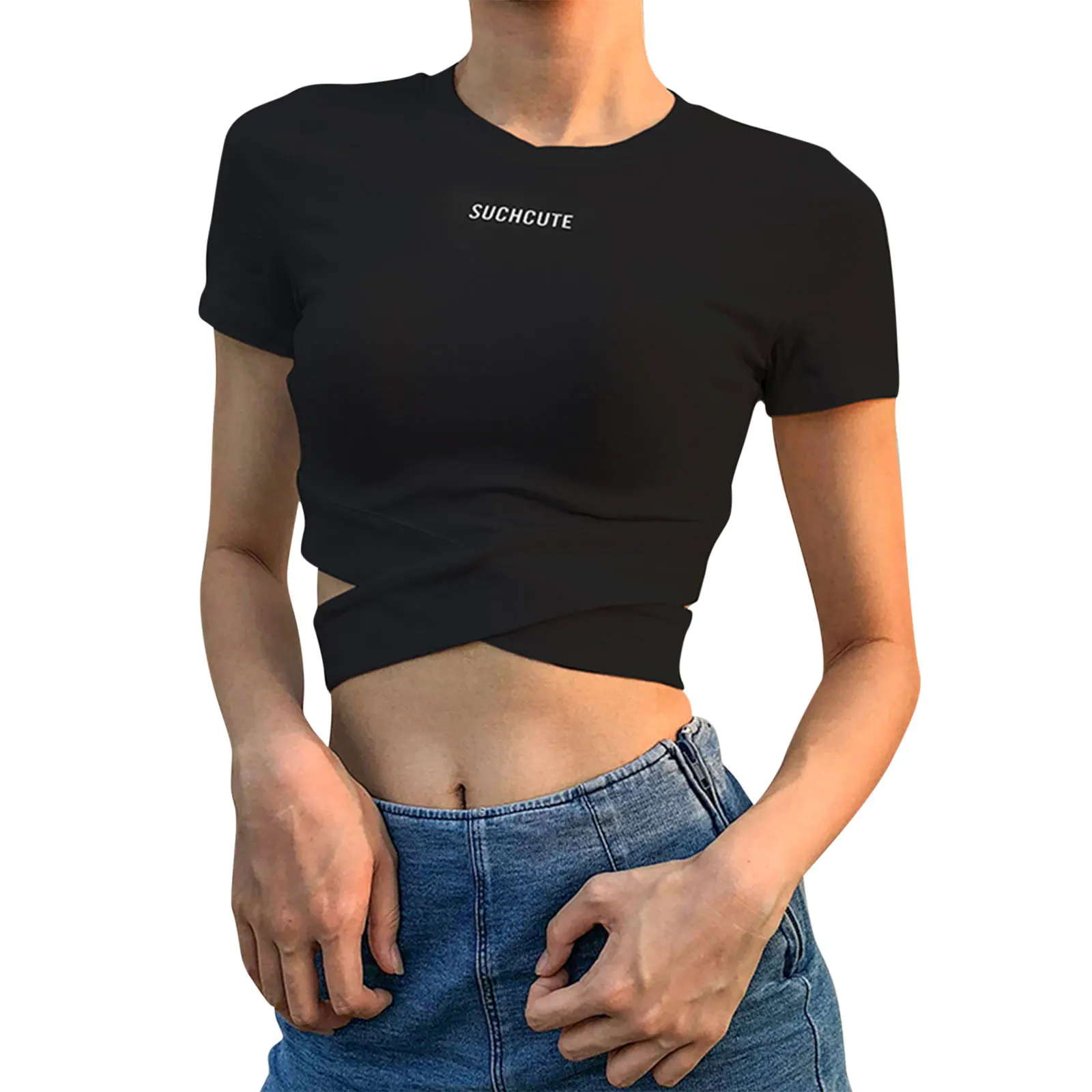 

Women Casual Close-fitting Crop Tops, Letters Printed Pattern Round Collar Short Sleeve T-shirt, Black/ White