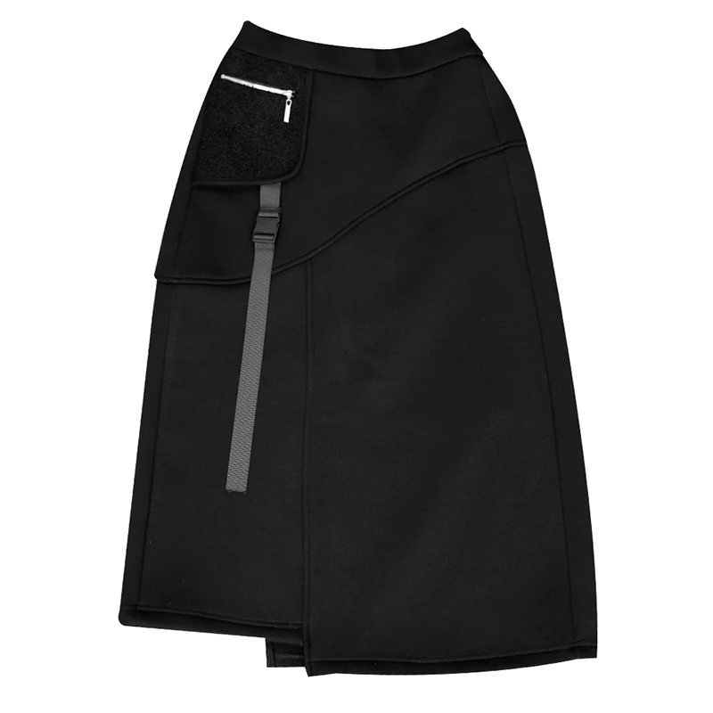 

[EAM] High Elastic Waist Zipper Pocket Thick Bandage Asymmetric Half-body Skirt Women Fashion New Autumn Winter 2021 1DD2386