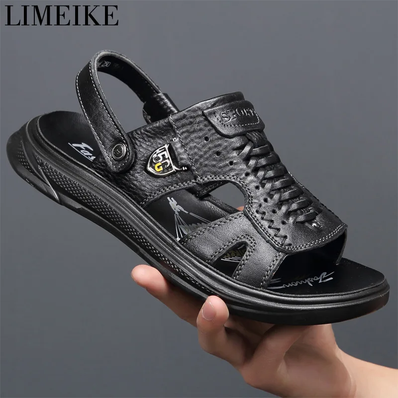 Мужские пляжные сандалии LIMEIKE черные из натуральной дышащей кожи мягкие для лета
