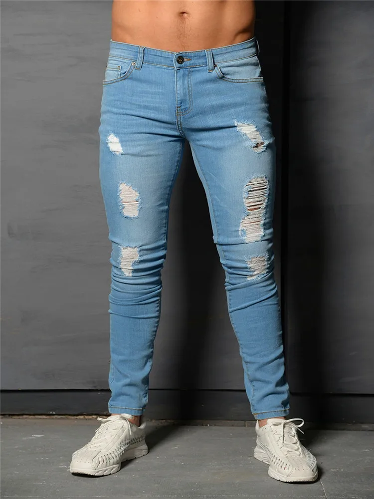 

2021 Men's Sexy Hole Jeans Pants Casual Male Ripped Skinny Trousers Slim Biker Outwears Pants