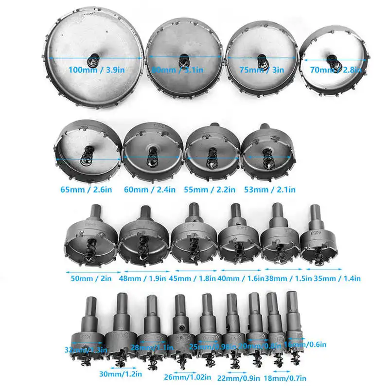

Drill Bit Adapter Set 23Pcs Drill Hole Saw Set Silver Hardware Accessory Cutting Tools TCT Carbide Tip 16-100mm