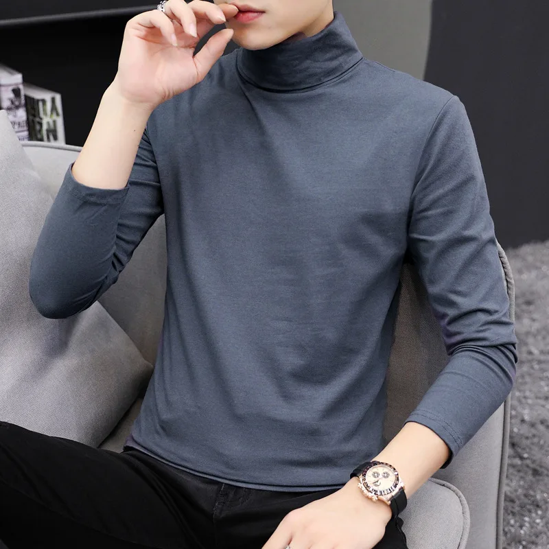 

2021 new high-neck T-shirt men's solid color casual cotton slim high-quality middle-neck black bottoming shirt