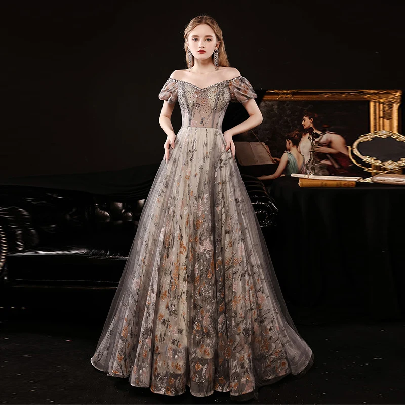 Вечернее платье с блестками цветочным принтом короткими рукавами бусинами