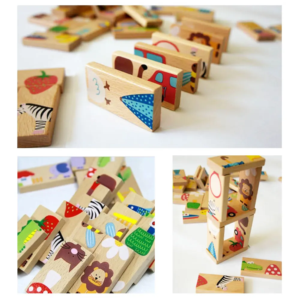 

28pcs Animal Colored Dominoes Wooden Building Block Montessori Wood Magic Cube Cartoon Baby Kids Colorful Early Educational Toys