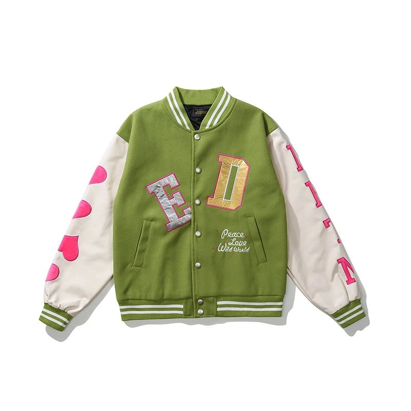 

Retro Leather Sleeve Embrodiery Letter Love Pattern Autumn Jackets Mens and Womens Stand Color Match Oversize Thick Casual Coat