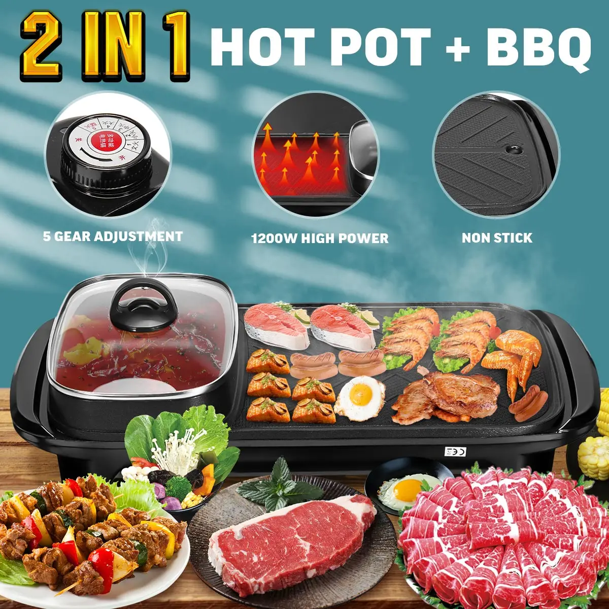 

2 in 1 220V 1200W Electric Hot Pot Oven Smokeless Barbecue Machine Home BBQ Grills Indoor Roast Meat Dish Plate Multi Cooker