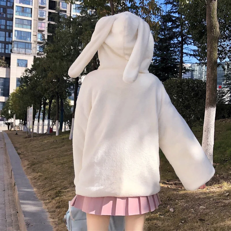 Women Faux Fur Overcoat Sweet Cute Rabbit Ears Horn Button Thicken Warm Teddy Lolita Coat Kawaii Girl Winter Plush Fluffy Jacket