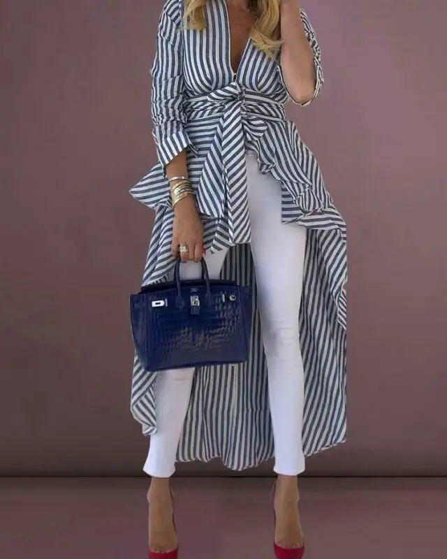 

Женское платье-рубашка в полоску, офисное платье с длинным рукавом и оборками, платье с V-образным вырезом и длинным рукавом «ласточкин хвос...