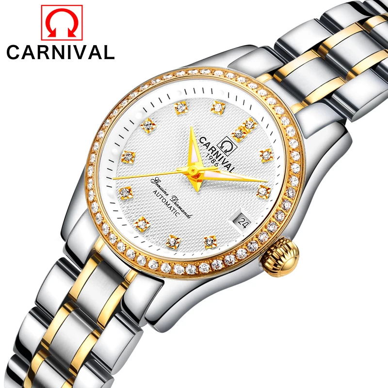 CARNIVAL New Womens Watches Casual Fashion Diamond Set Automatic Mechanical Watch Watch Waterproof Simple Calendar Reloj Mujer enlarge