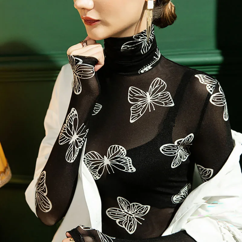 Женская водолазка с длинным рукавом футболки принтом бабочки женская одежда