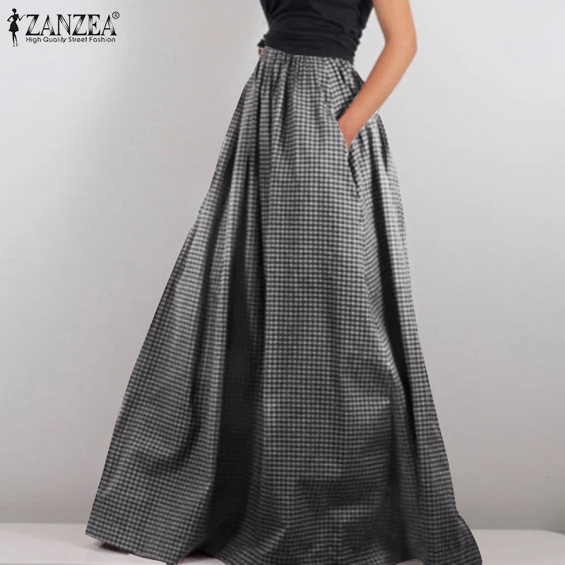 

Plaid Print Long Skirts Summer Women Casual Checked Oversized Skirt ZANZEA Elegant Lace Up Faldas Saia Retro Elastic Waist Robe