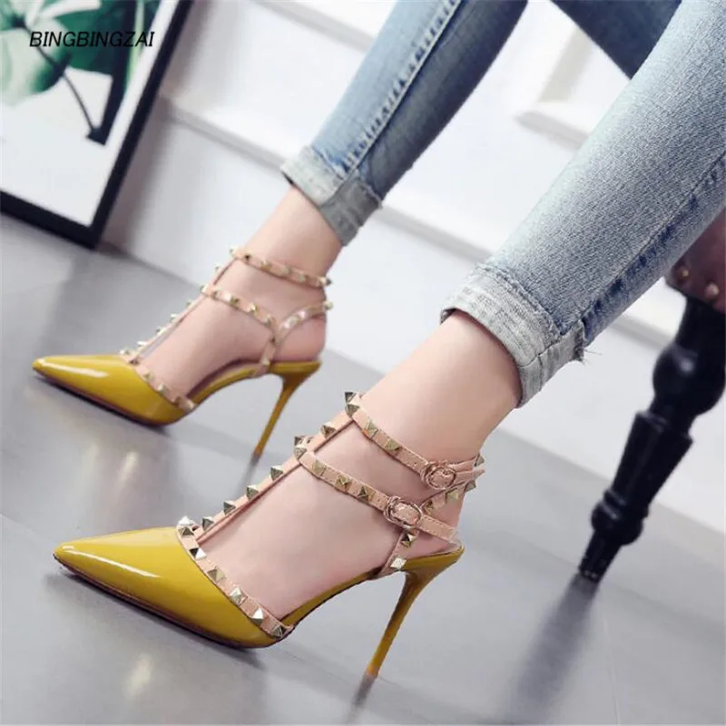 Женская обувь Дамская Горячая Распродажа 9 см шпильки с острым носком заклепками