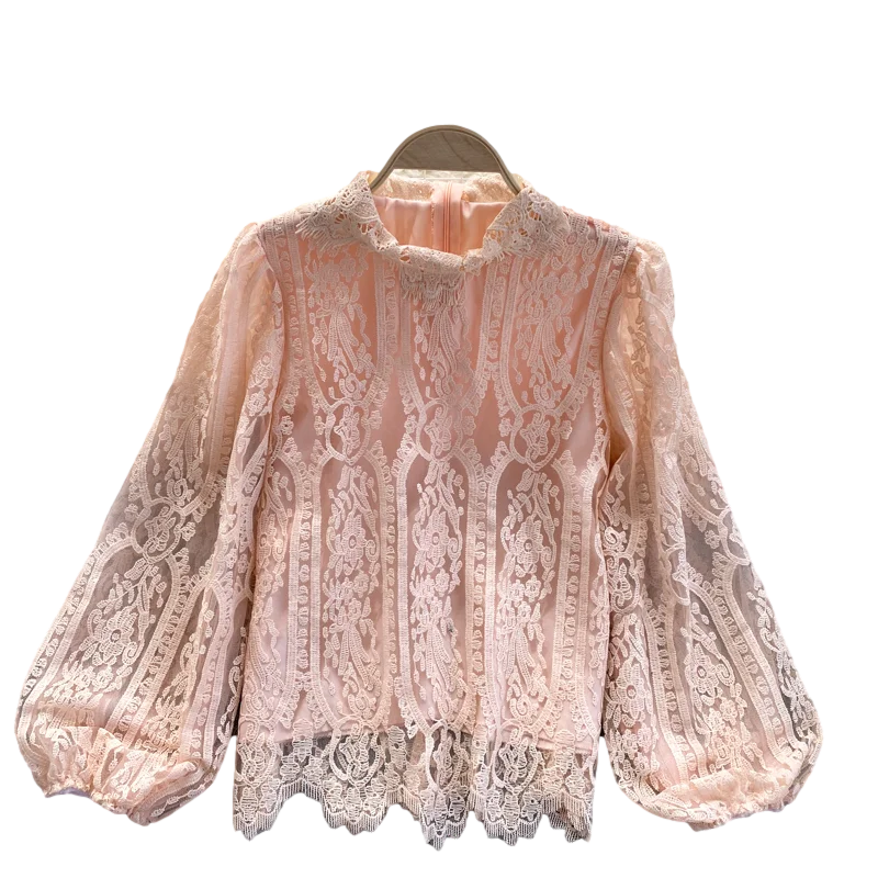 

2021 New Top Women's Temperament Stand-up Collar Slim Puff Sleeve Sweet Lace Bottoming Shirt UK800