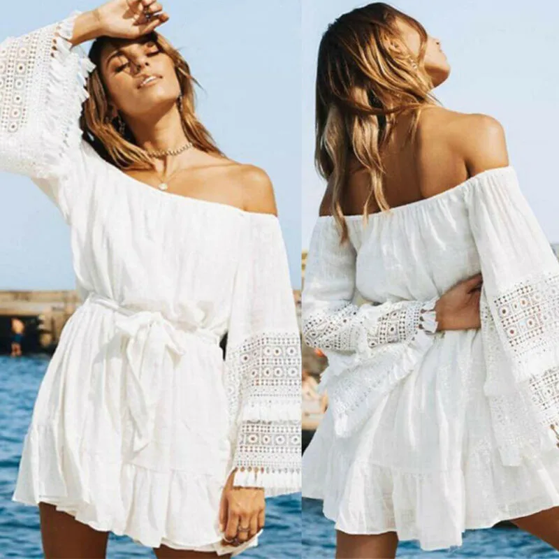 Летнее открытое женское платье Boho белое мини женские вечерние платья с открытыми