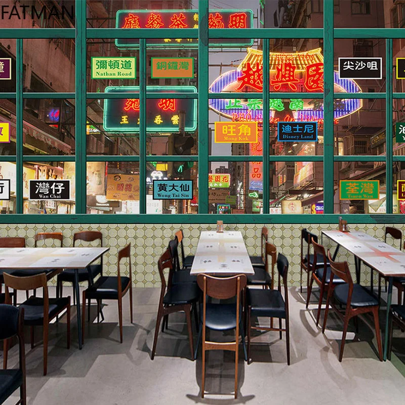 

FATMAN Custom Retro Street Scene Wallpaper Hand-painted Hong Kong Style Tea Restaurant Urban Architecture Street Mural Dropship