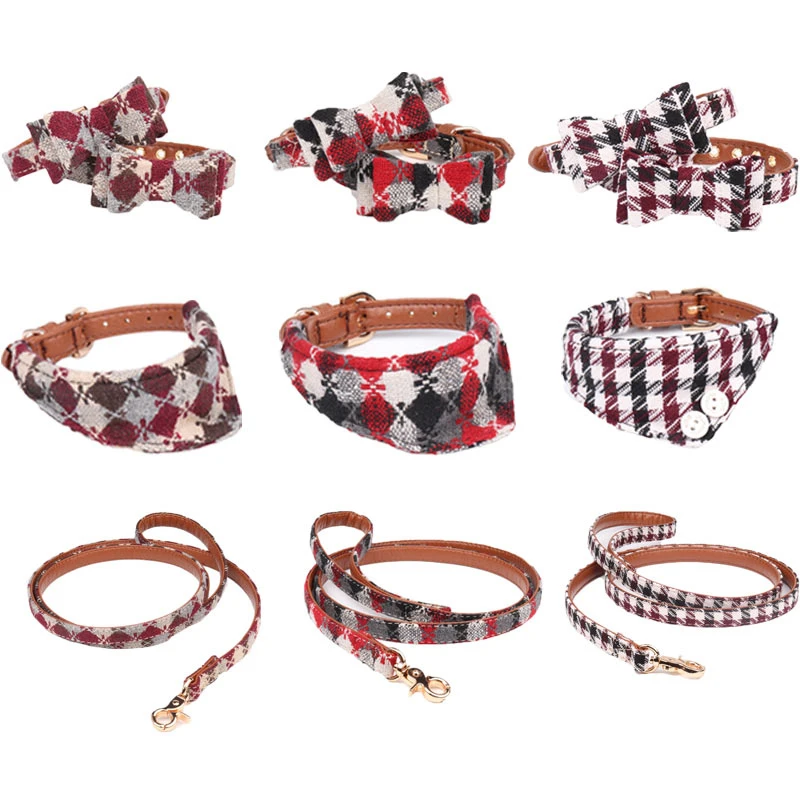 

Leather Dog Collar Leash Check Pet Cat Bandana Bow Tie Collier Chain British Neckerchief for Small Perro Chihuahua Pug Teddy