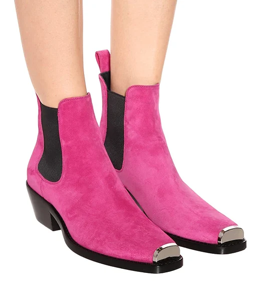 Fuschia Suede Осенняя обувь на меху из натуральной кожи с квадратным носком без застежки; ботинки «Челси» на массивном каблуке с металлическим украшением; большие размеры; зимние женские ботильоны в британском стиле на среднем каблуке; 10 - Color: Fuschia Suede