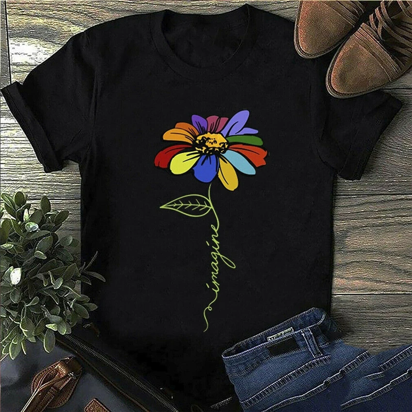 Подсолнух Imagine Hippie Peace Мужская черная футболка хлопок Cotton Us Поставщик Бесплатная