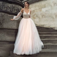 booma blush pink boho wedding dress 2020 appliques lace tulle a line princess beach bride gown plus size with long sleeve