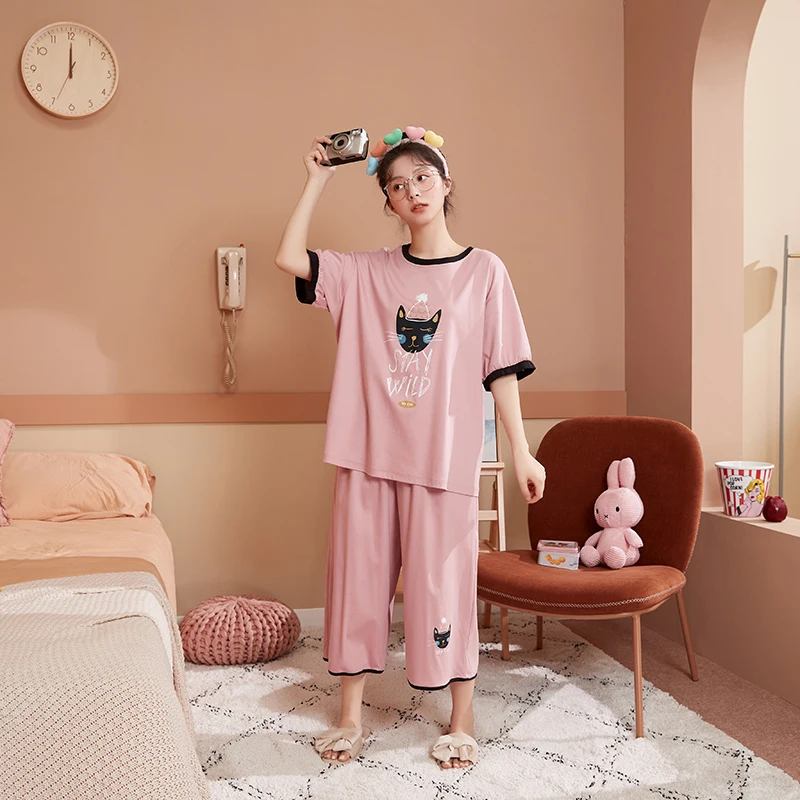 

ATUENDO Summer Fashion Pink Pajama Set for Women 100% Cotton PJS Kawaii Satin Sleepwear Atoff Home Silk Soft Homewear Nightwear
