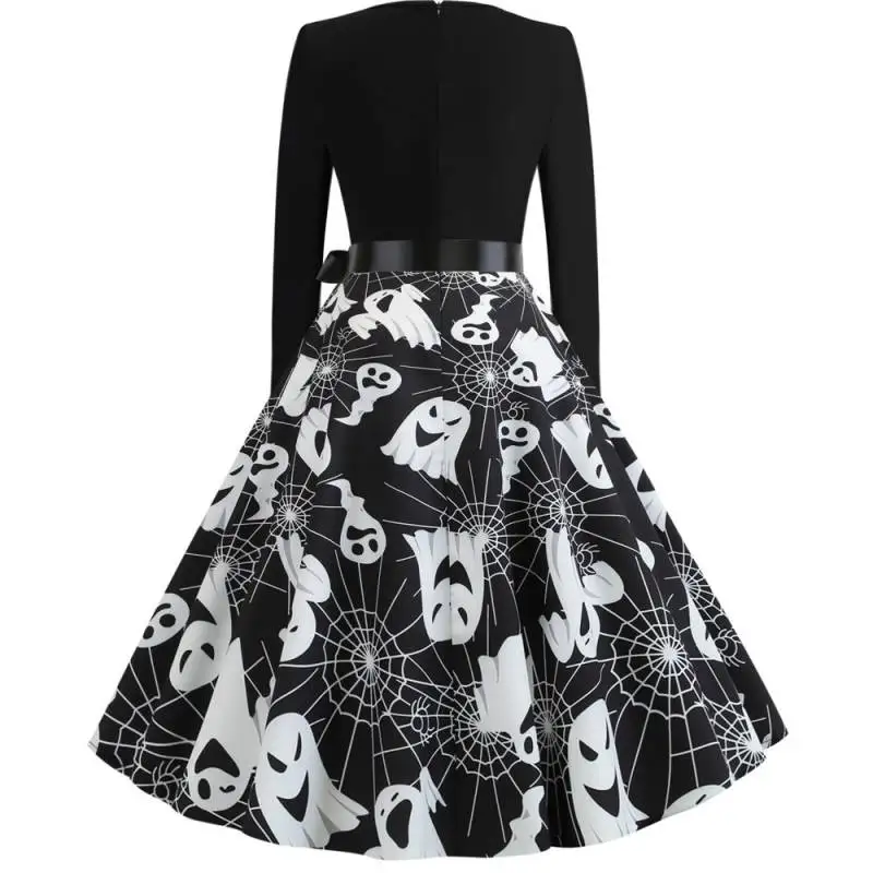 

Halloween Women Dress Print Big Swing Evening Party Halloween Dress O-Neck Long Sleeve High Waist A-line Dress