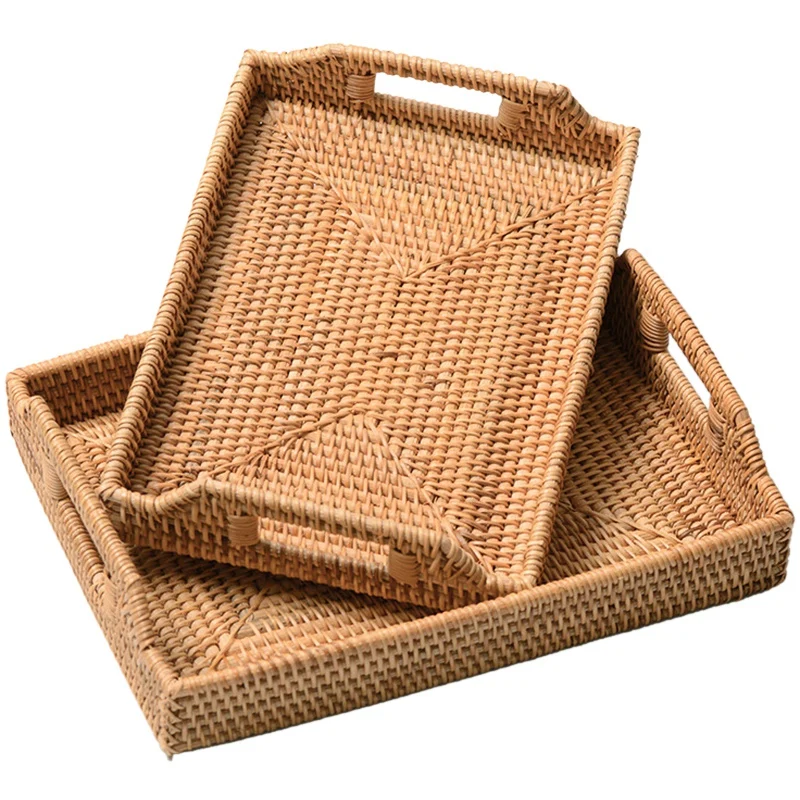 

2x Cutlery Tray Kitchen Tissue Rattan Storage Tray Fruit Plate Basket Candy Snacks Pastry Sun Dried Fish Dishes