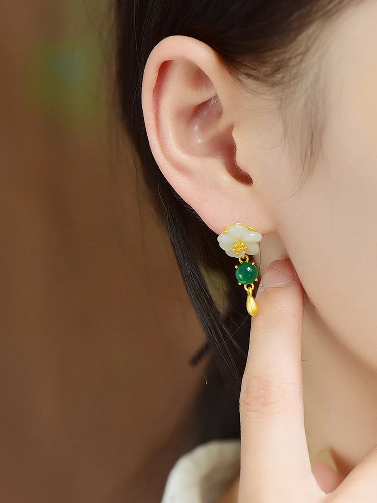 

Frosted and Matte Gold Earrings Refined Grace Creative Autumn/Winter Earrings Senior Hetian Women's Jade Sterling Silver Camelli
