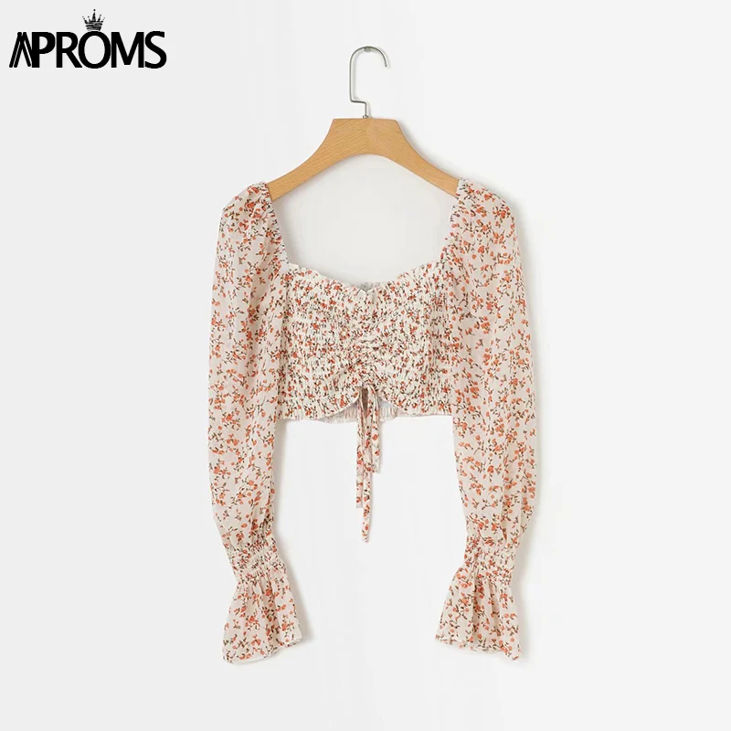 Aproms, элегантные шифоновые топы с открытыми плечами, женские короткие топы с рукавом-фонариком, женские осенние праздничные топы с цветочным принтом, футболки