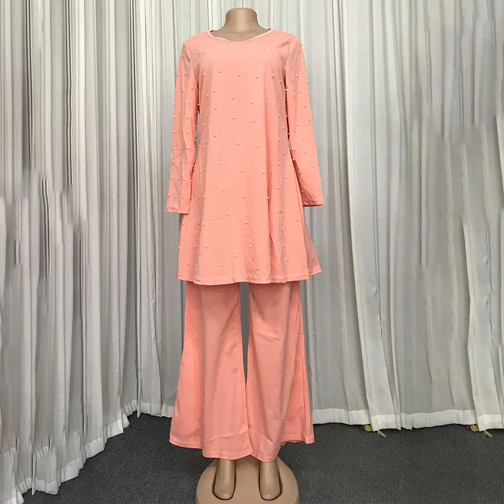 

Western Style Two Piece Sets Spring Summer Fashion Loose Casual Oversize African Solid Color Beading Round Neck Long Sleeve