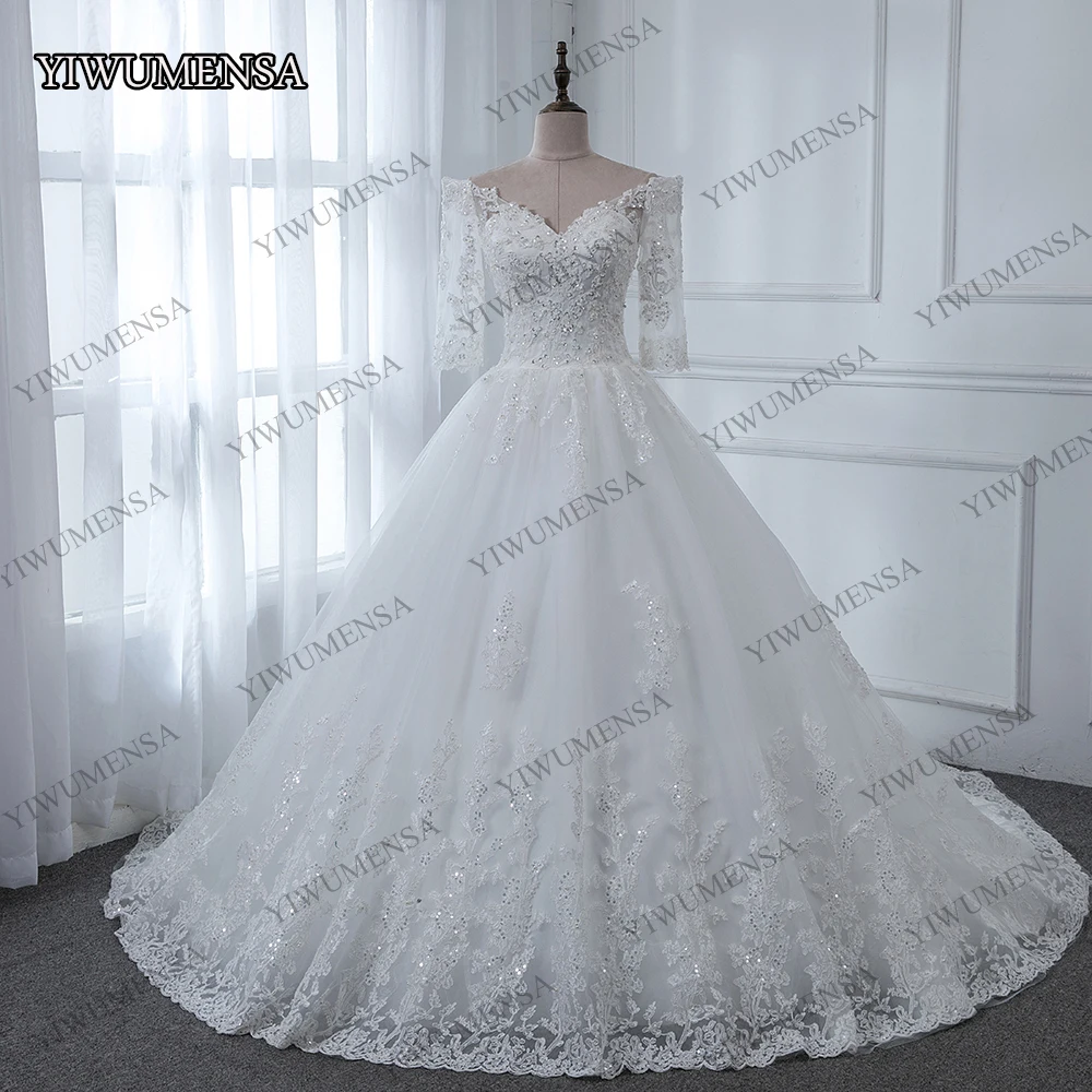 

Dubai Africa Royal Train Sequined Lace Wedding Dress 2020 3/4 Sleeves V Neck Bridal Gowns Custom Made Elegant Marriage Dresses