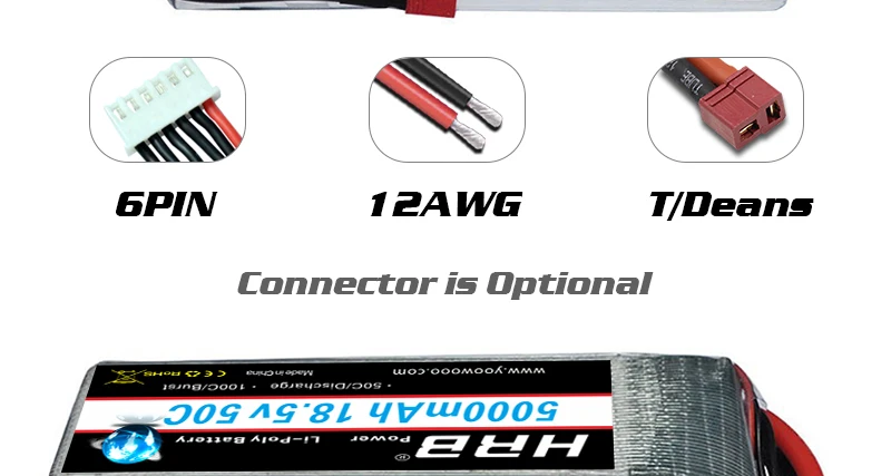 HRB Lipo 5S 18.5V Battery, 4 6PIN 1ZAWG TlDeans Connector i5 Optional L