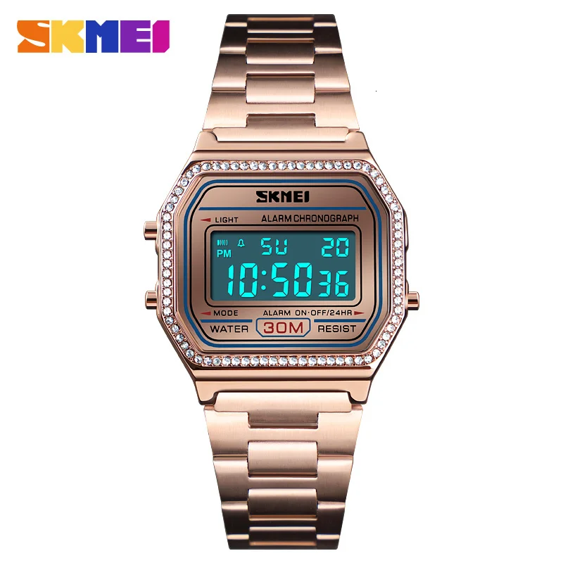 SKMEI, новые модные женские часы, цифровые часы, 30 м, водонепроницаемые, с дисплеем недели, чехол, сплав, цифровые наручные часы, Relogio Feminino