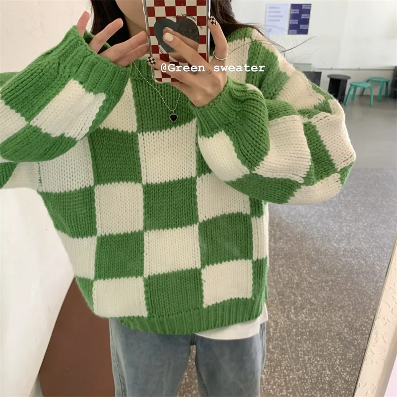 

Green Plaid Sweater Women's Lazy Wind Loose Medium Long Sleeve Autumn And Winter Casual Versatile Junior Student Top