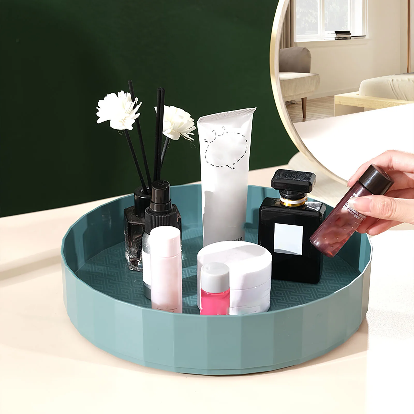 

1 шт., вращающийся лоток для хранения еды, искусственная кожа для соуса, нескользящая полка, кухонная коробка для хранения приправ, органайзе...