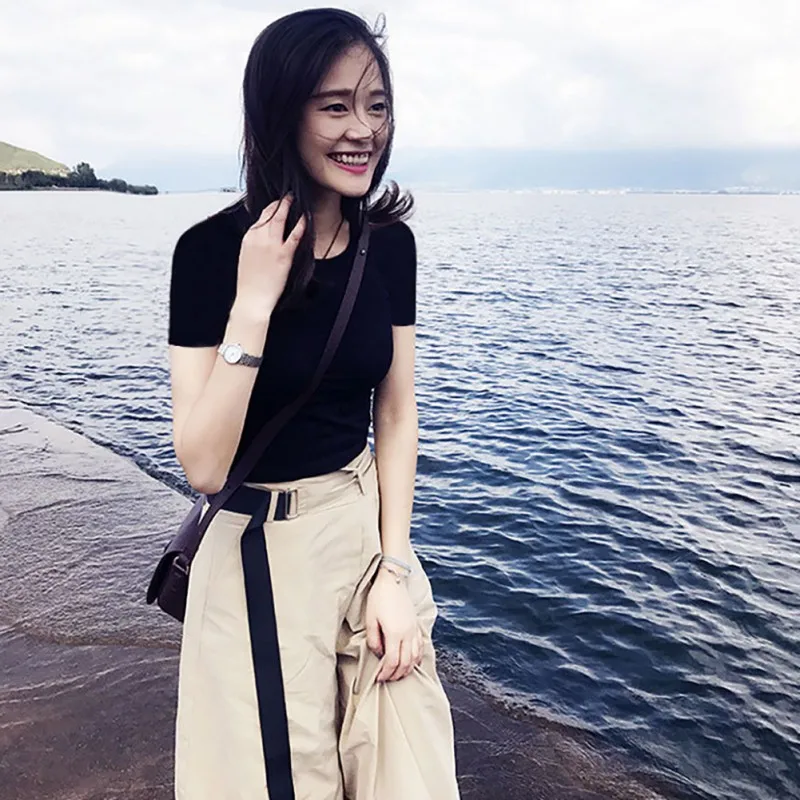 Летняя женская Стильная Элегантная модная дизайнерская Однотонная футболка с