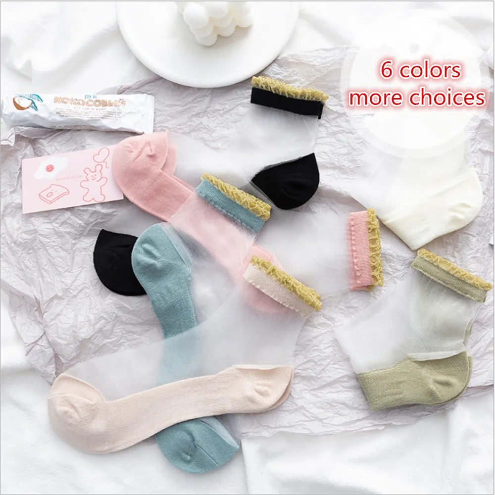 

New Summer Thin Glass Silk Socks Japanese Socks Ins Trend Breathable Lace Socks Cotton Bottom Sweat-Absorbent Girl Cotton Socks