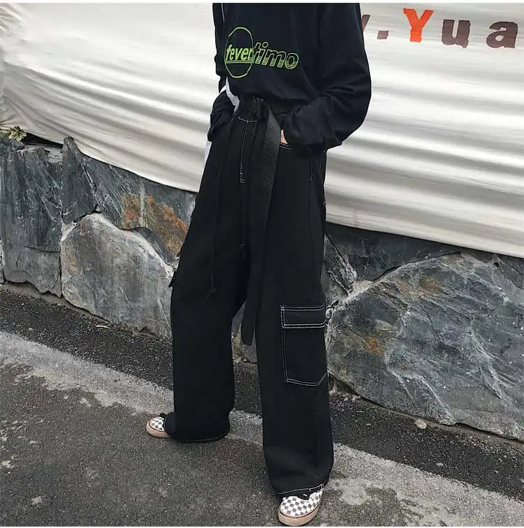 Женские джинсовые брюки-карго с контрастными карманами свободные прямые широкие