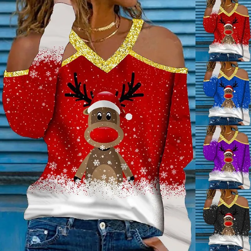 

2021 Women New Fashion Winter Christmas V-neck Casual Long Sleeve Blouse Women Top