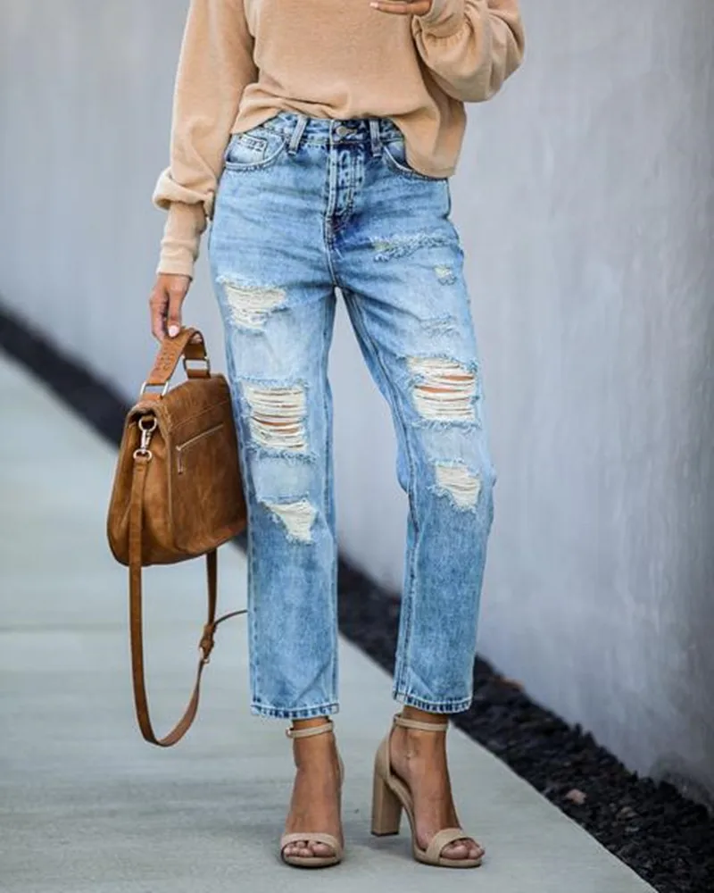 

New Leisure Commuter Jeans With Holes In Europe And America Street With Torn Waist And Straight Leg Pants 2021