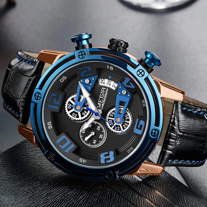 

MEGIR Chronograph Men's Leather Sport Quartz Watch Men Montre Homme Fashion Casual Men Watches Military Analog Relogio Masculino
