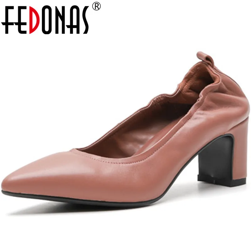 

Женские туфли на толстом каблуке FEDONAS, классические туфли-лодочки из овечьей кожи с острым носком для ночного клуба, весна-лето 2019